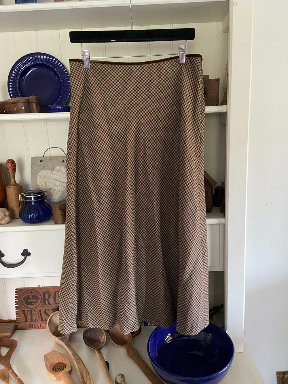 Eddie Bauer Classic A-Line Midi Skirt in Tan and Brown Check